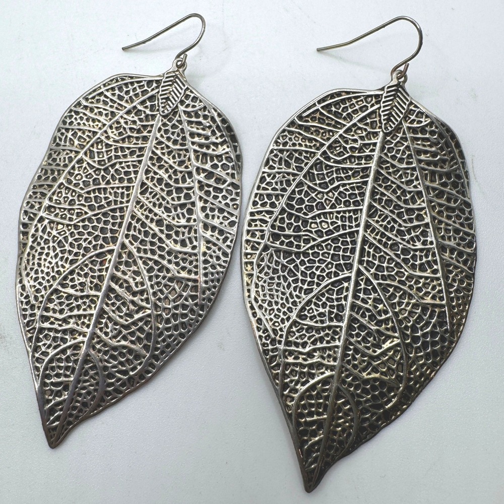 Silver Tone Filigree Leaf Drop Earrings Large Statement Botanical Dangle